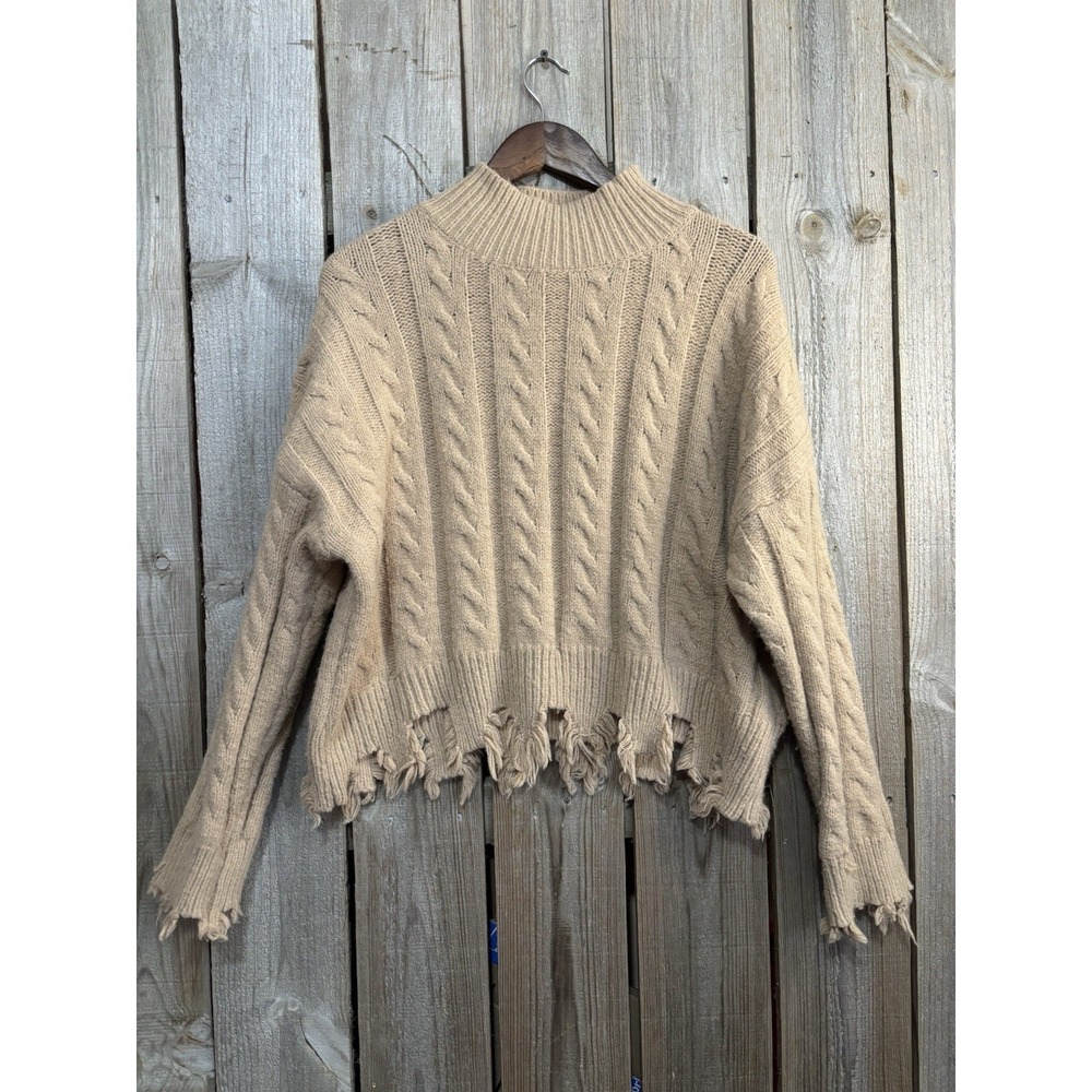 Dreamers by Debut Cable Knit Fringe Sweater Womens L Tan Mock Neck